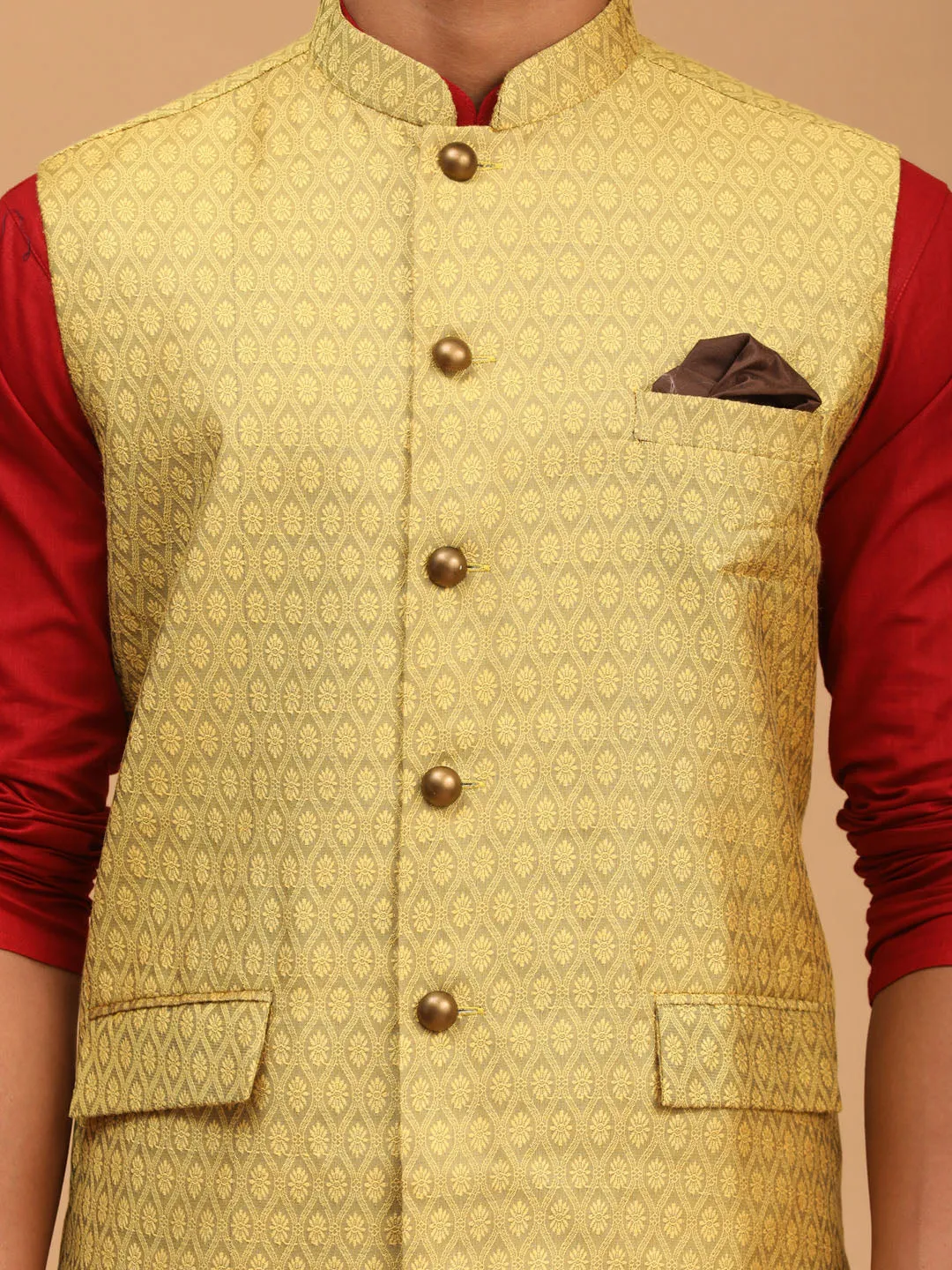 VASTRAMAY Men's Yellow Jacquard Nehru Jacket with Kurta Pyjama Set