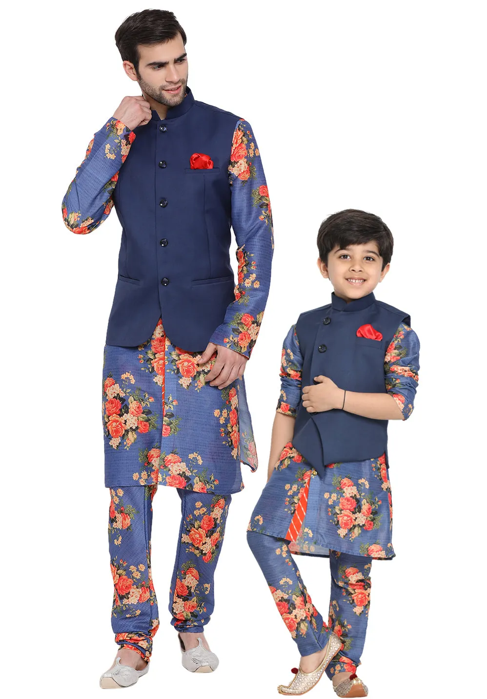 Vastramay Multicolored-Base-Blue Baap Beta Jacket Kurta Pyjama set