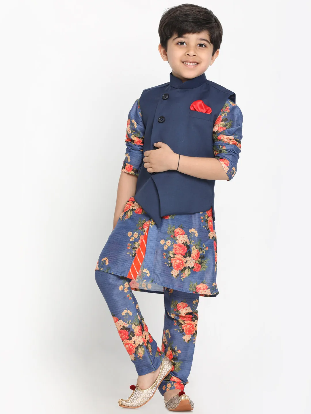 Vastramay Multicolored-Base-Blue Baap Beta Jacket Kurta Pyjama set