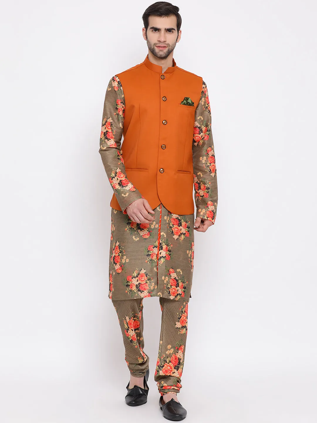 Vastramay Multicolored-Base-Chiku Baap Beta Jacket Kurta Pyjama set