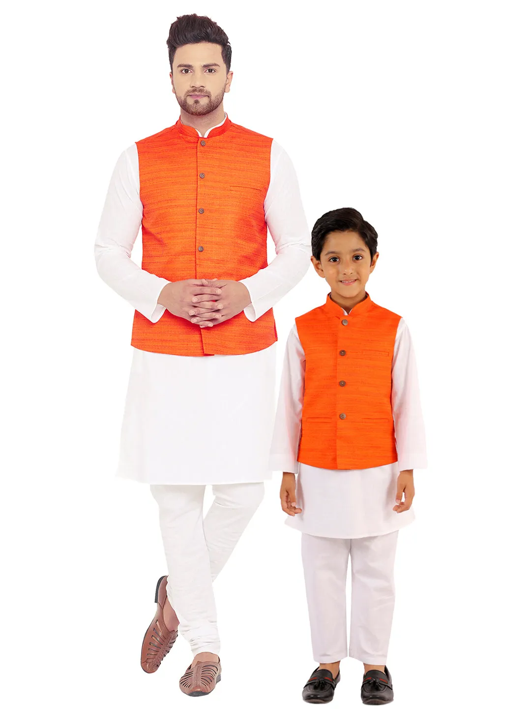 VASTRAMAY Orange Nehru Jacket And White Kurta Pyjama Baap Beta Set