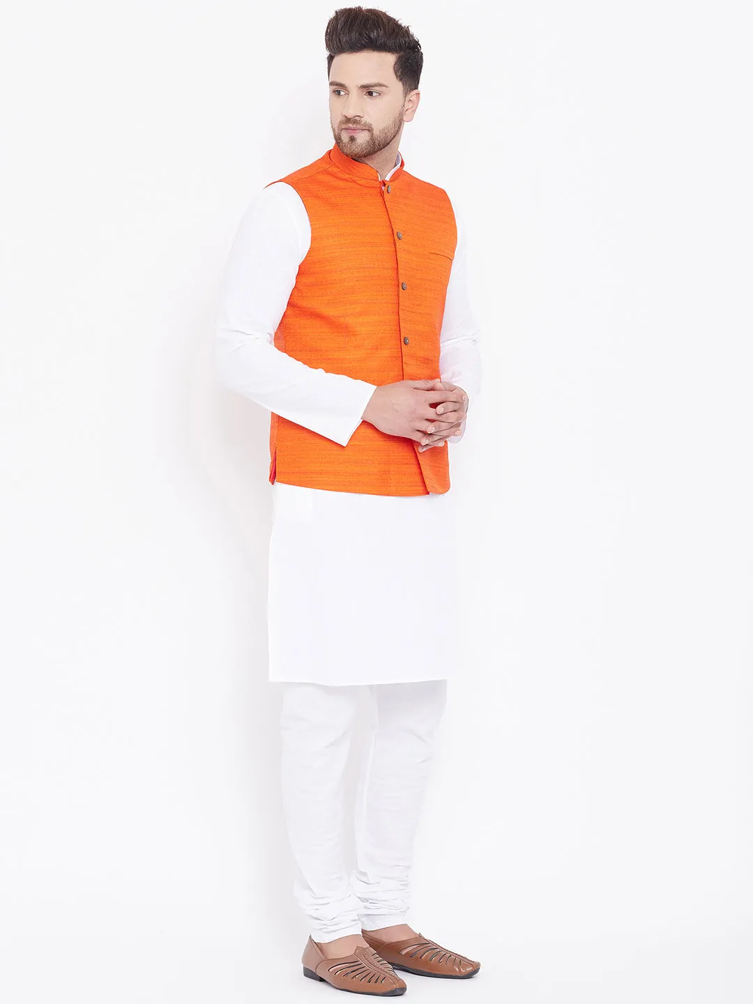 VASTRAMAY Orange Nehru Jacket And White Kurta Pyjama Baap Beta Set