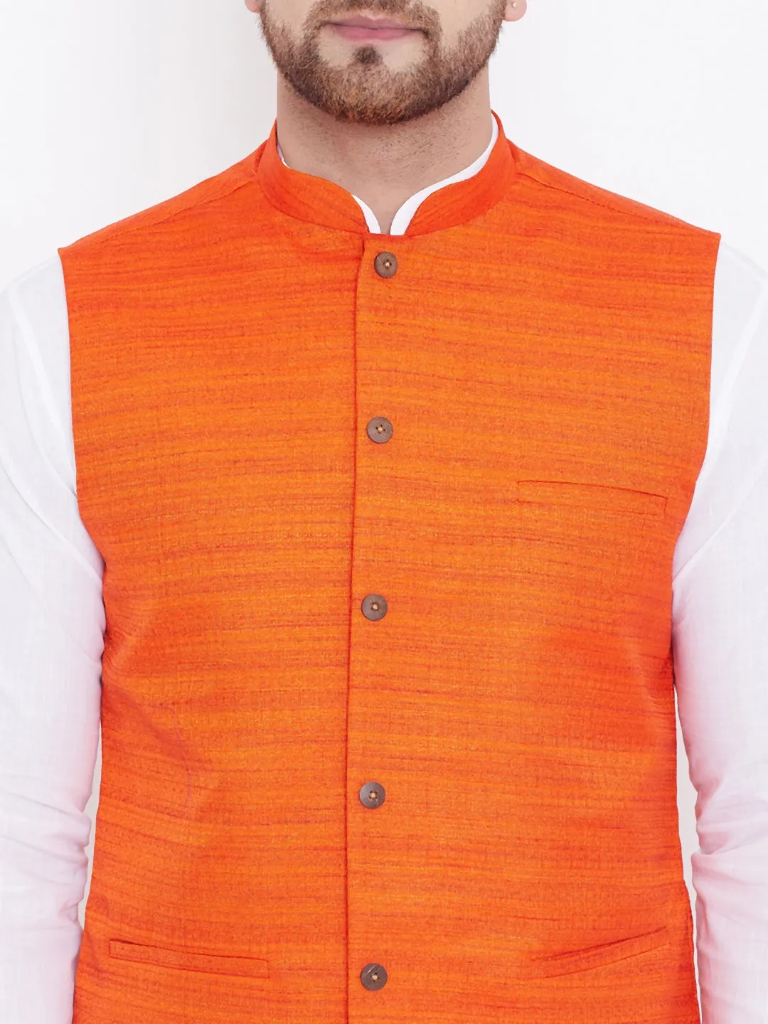 VASTRAMAY Orange Nehru Jacket And White Kurta Pyjama Baap Beta Set