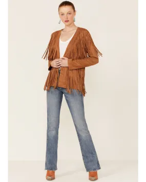 Vocal Women's Camel Tiered Fringe Faux Suede Open-Front Jacket