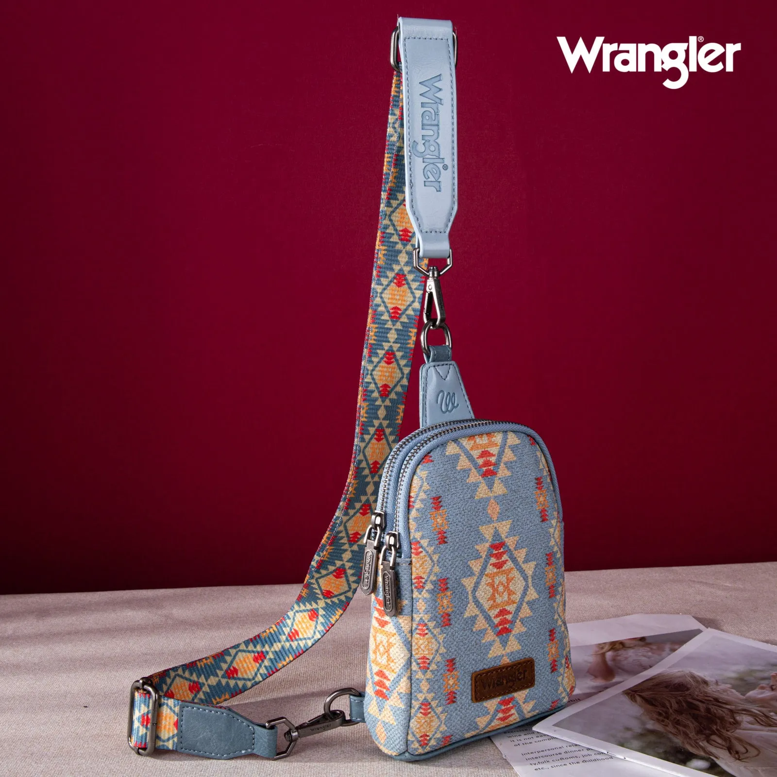 WG2205-210  Wrangler Aztec Print Crossbody Sling Chest Bag  - Jean