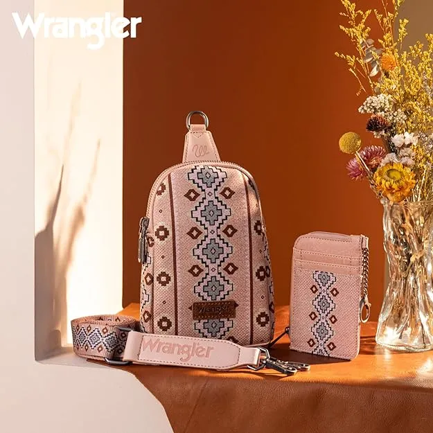 WG2205-210W  Wrangler Aztec Print Crossbody Sling Chest Bag With Zip Card Holder Set -Pink