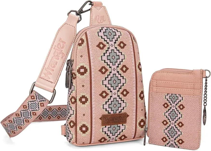 WG2205-210W  Wrangler Aztec Print Crossbody Sling Chest Bag With Zip Card Holder Set -Pink