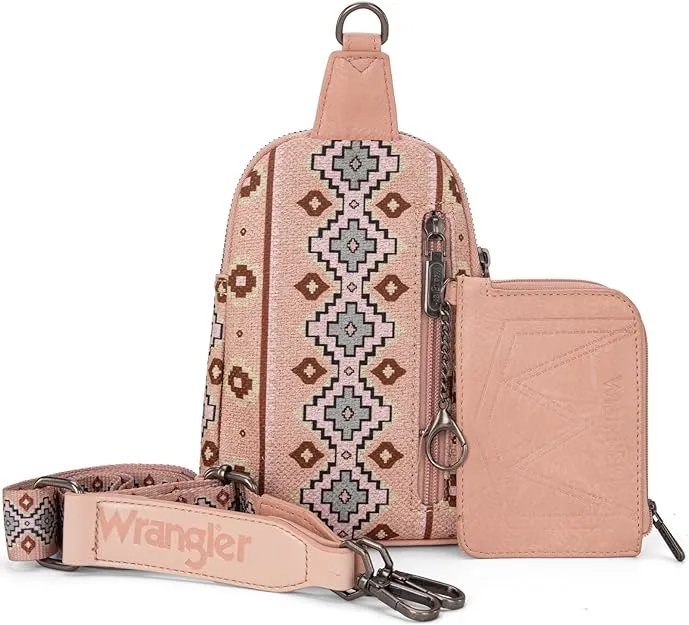 WG2205-210W  Wrangler Aztec Print Crossbody Sling Chest Bag With Zip Card Holder Set -Pink