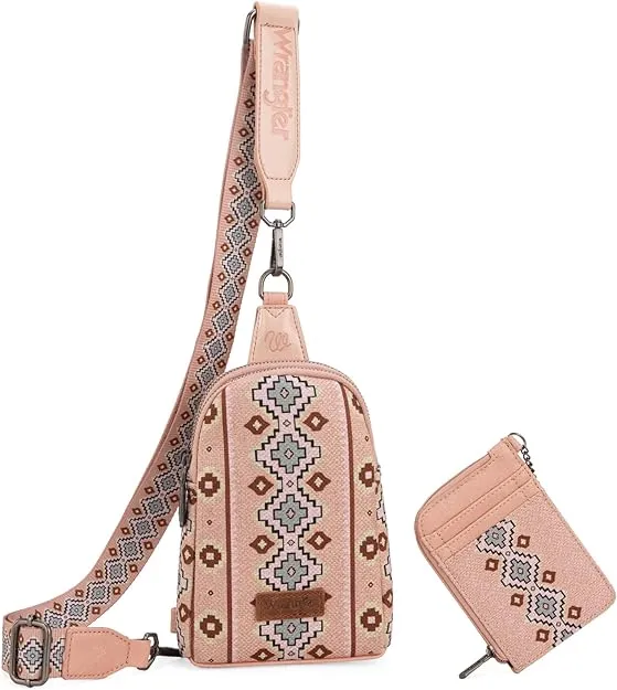 WG2205-210W  Wrangler Aztec Print Crossbody Sling Chest Bag With Zip Card Holder Set -Pink