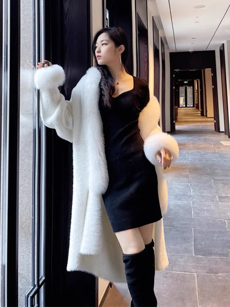 Wjj autumn and winter new imitation mink fur cheongsam jacket fox fur collar placket cuffs knitted cardigan loose