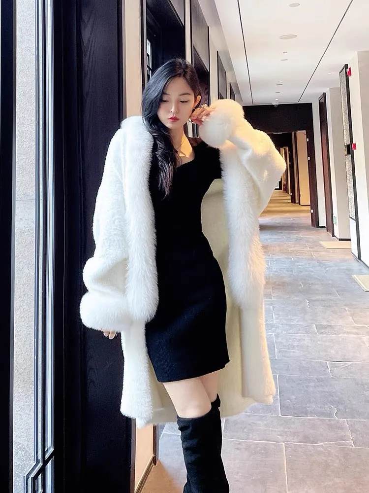 Wjj autumn and winter new imitation mink fur cheongsam jacket fox fur collar placket cuffs knitted cardigan loose