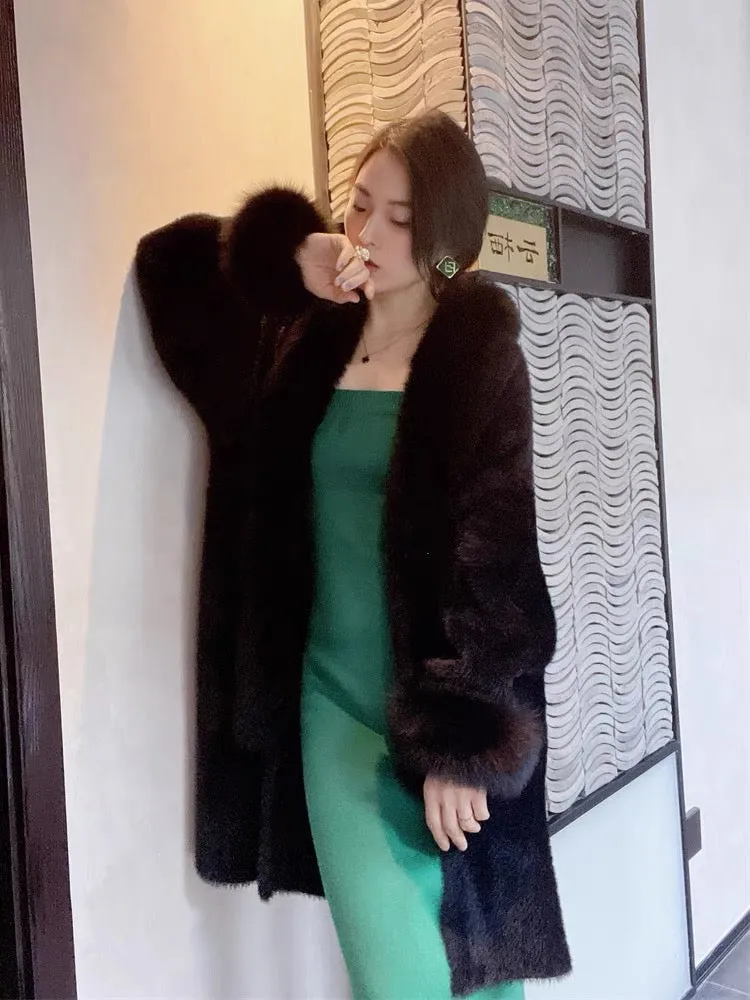 Wjj autumn and winter new imitation mink fur cheongsam jacket fox fur collar placket cuffs knitted cardigan loose