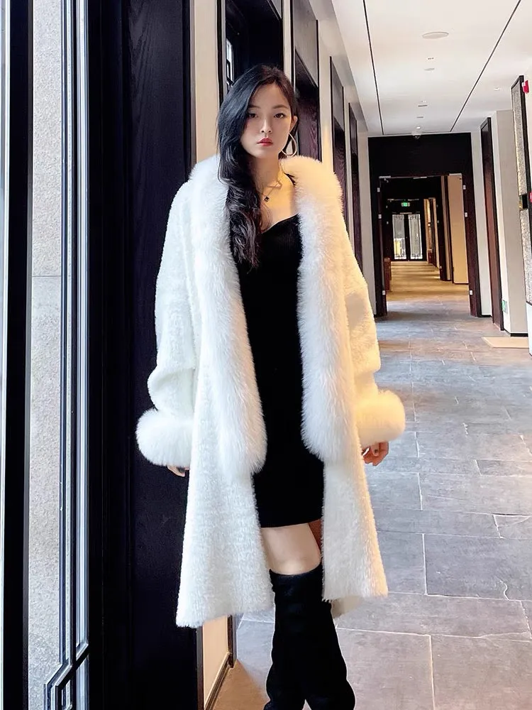 Wjj autumn and winter new imitation mink fur cheongsam jacket fox fur collar placket cuffs knitted cardigan loose