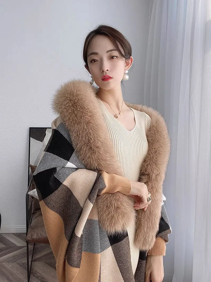 Wjj new fox fur collar knitted fur cheongsam dress shawl thickened tassel knitted cardigan loose and warm