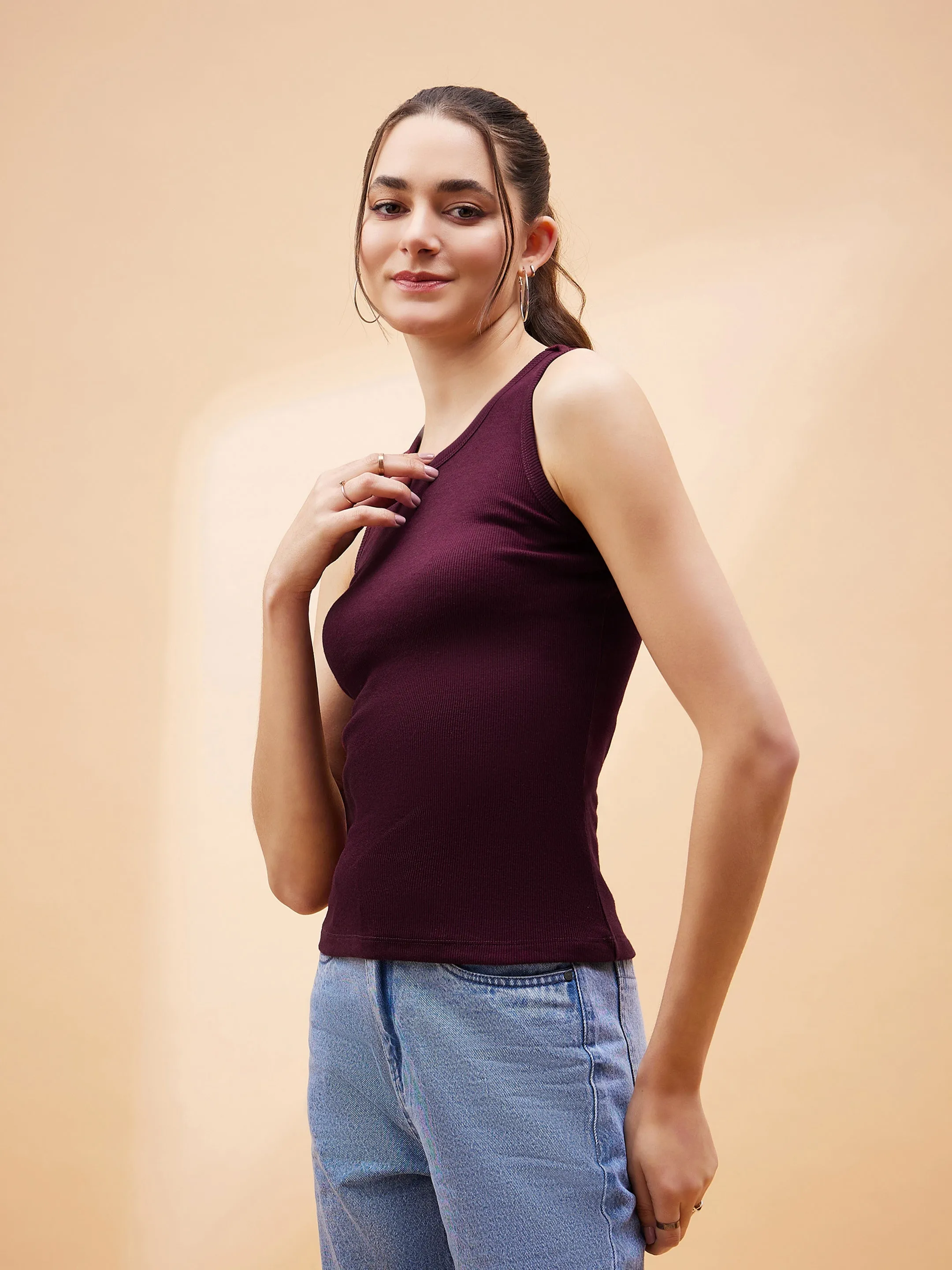 Women Burgundy Rib Sleeveless Top