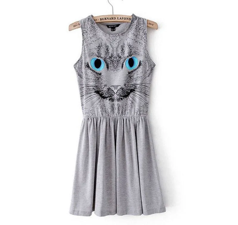 Women European Style Cat Dress Womens Blue Eyes Cat Print With Sleeveless Casual Vest Mini Dress Women Gray Dress Print Animal S