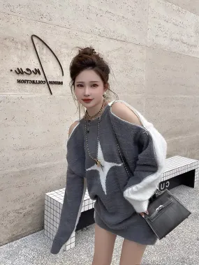 Xiao P Clothes Station mid-length lazy style sweater for women in autumn and winter high-end zipper color-blocked pullover sweat