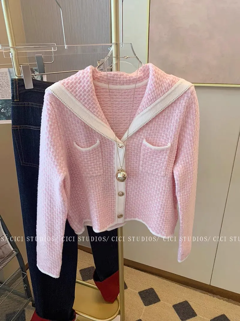 Xiaoxiang style pink navy collar knitted cardigan autumn and winter women's 2023 new style gentle style sweet short sweater jack