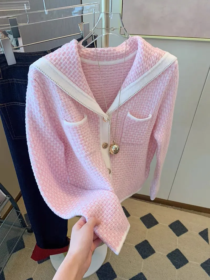 Xiaoxiang style pink navy collar knitted cardigan autumn and winter women's 2023 new style gentle style sweet short sweater jack