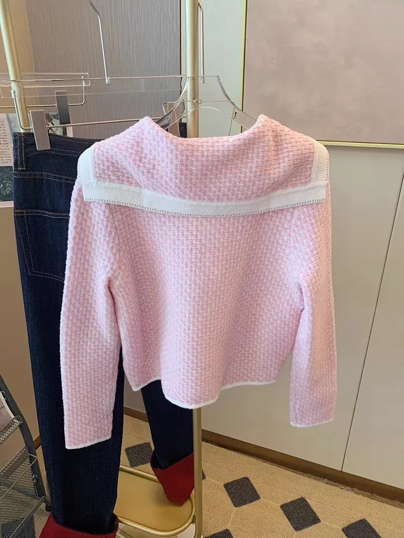 Xiaoxiang style pink navy collar knitted cardigan autumn and winter women's 2023 new style gentle style sweet short sweater jack