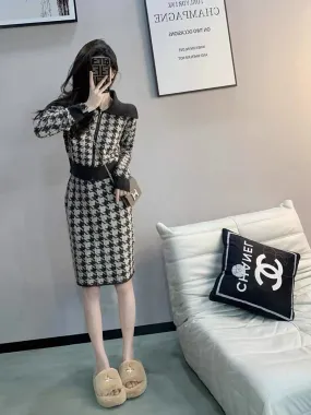 Xiaoxiangfeng fashion suit for women 2023, ladylike temperament, light luxury houndstooth bag hip skirt, knitted cardigan two-pi