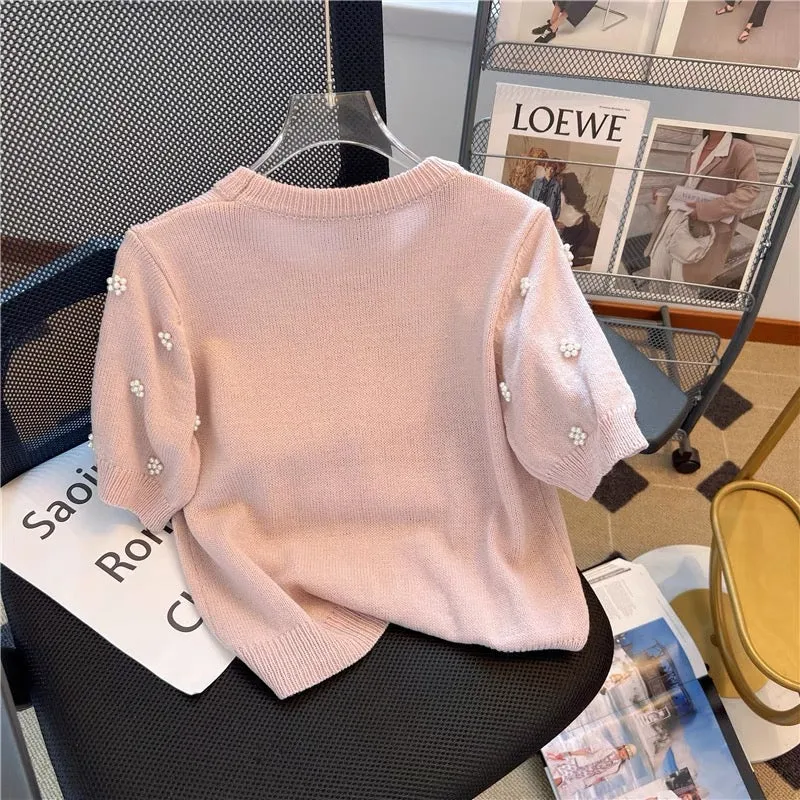 Xiaoxiangfeng French sweet short-sleeved sweater women's summer design niche unique chic high-end short top