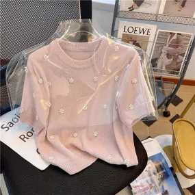 Xiaoxiangfeng French sweet short-sleeved sweater women's summer design niche unique chic high-end short top