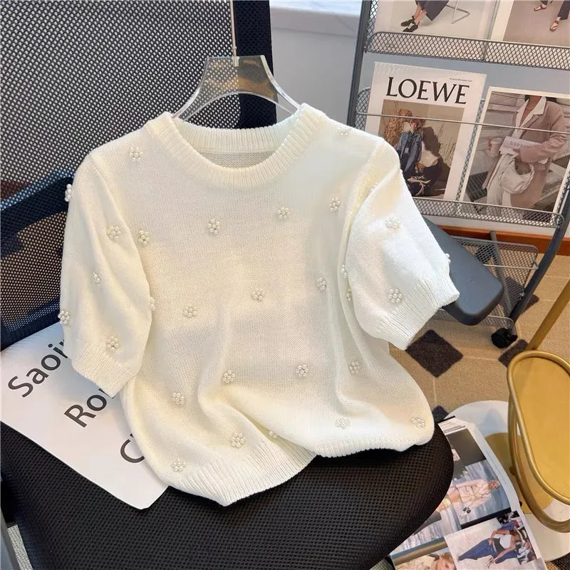 Xiaoxiangfeng French sweet short-sleeved sweater women's summer design niche unique chic high-end short top