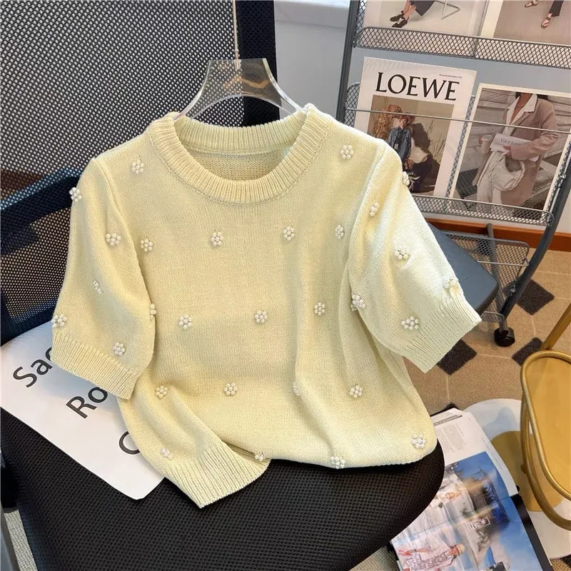 Xiaoxiangfeng French sweet short-sleeved sweater women's summer design niche unique chic high-end short top