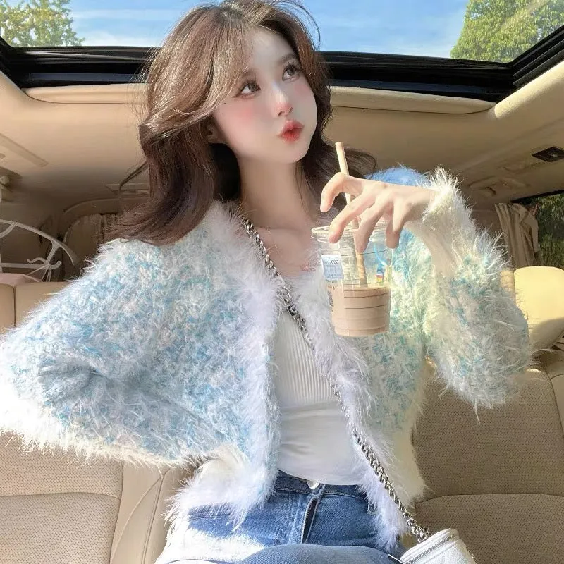 Xiaoxiangfeng high-end gentle plush splicing long-sleeved sweater jacket for women in autumn and winter, unique and slim trendy 