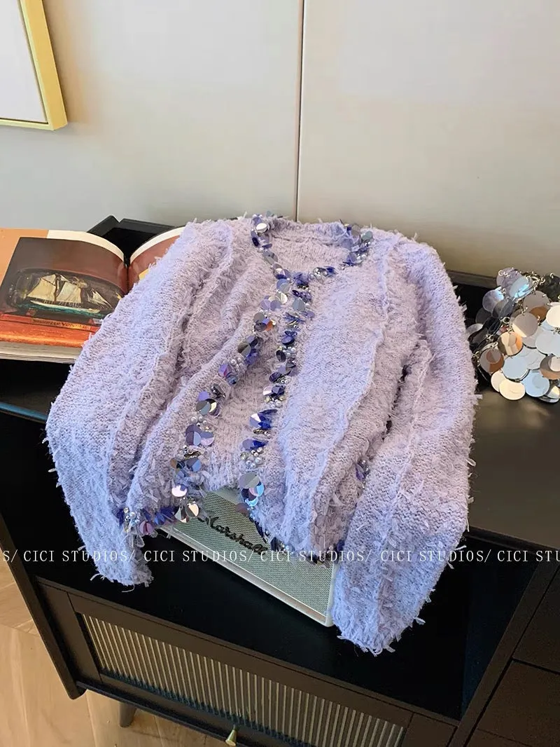 Xiaoxiangfeng purple heavy sequined knitted cardigan for women autumn and winter 2023 new warm and soft waxy slim sweater jacket