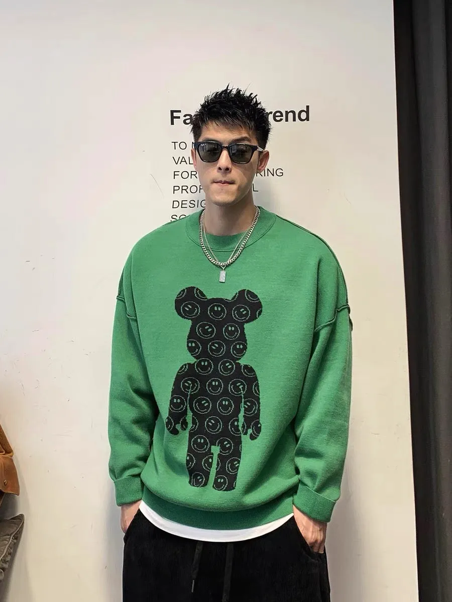 Xu Tailang green reversible wear violent bear sweater men's thickened autumn and winter round neck knitted bottoming shirt with 