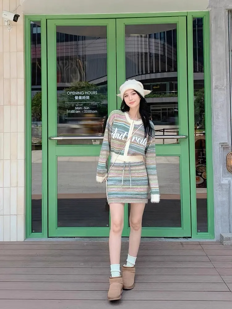 Yang Paopao Colorful Striped Knitted Cardigan + Slim Skirt Two-piece Set Women's Autumn New Fashion Sweater Set