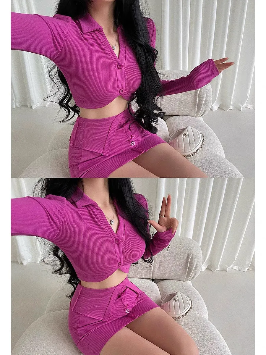 YoungGirlDay hot girl style sexy short long-sleeved cardigan single-breasted cuffed hip-covering short skirt knitted suit (B1816