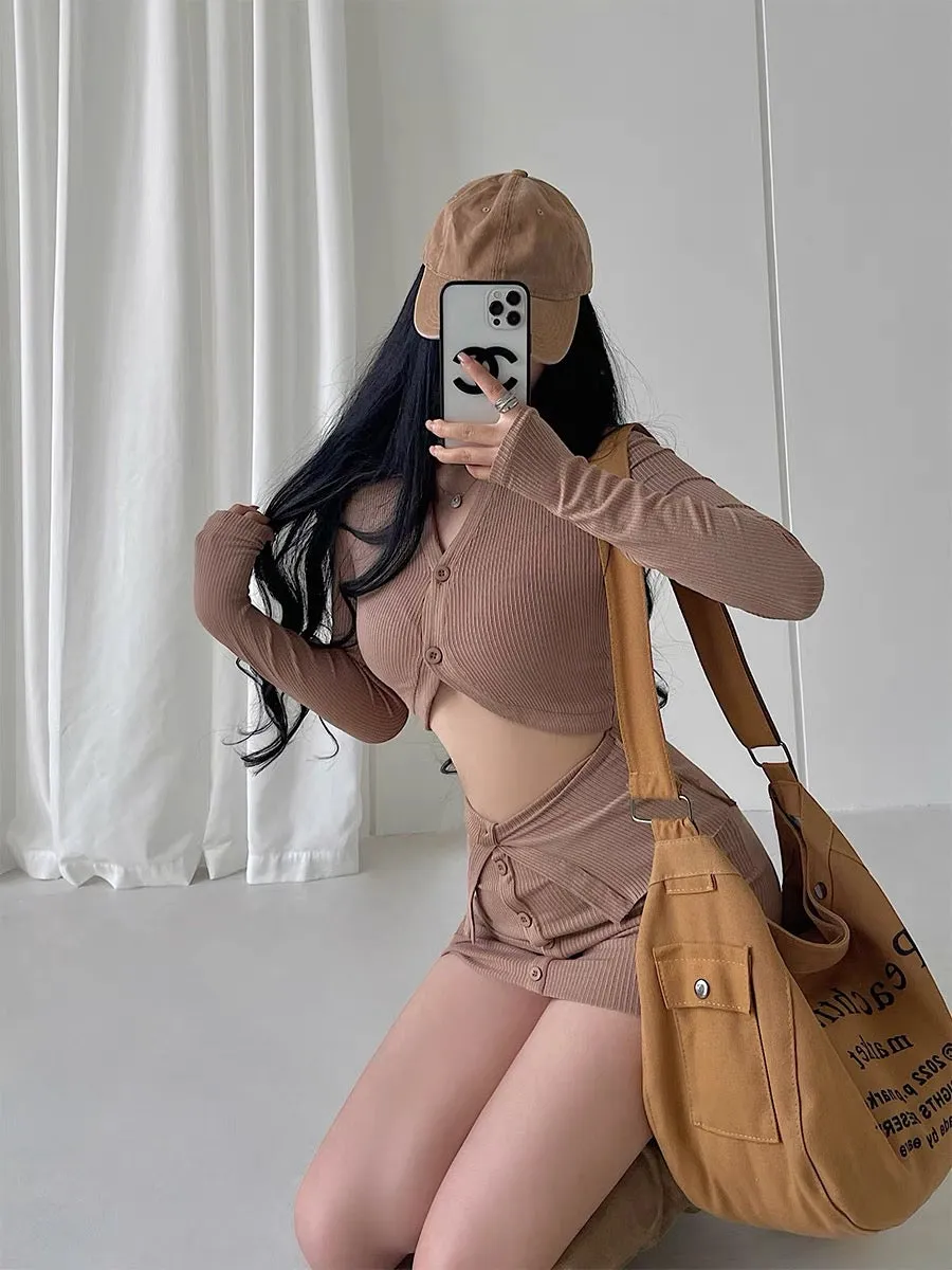 YoungGirlDay hot girl style sexy short long-sleeved cardigan single-breasted cuffed hip-covering short skirt knitted suit (B1816