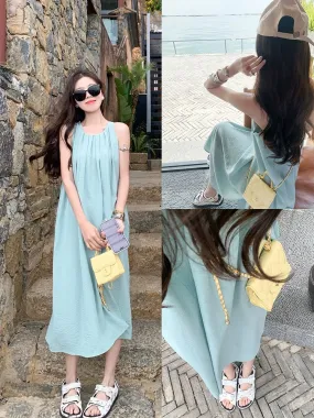 Zeng Xiaoxian Summer Letter Blue Sleeveless Dress Women's Summer New Resort Style Loose Slim Tank Top