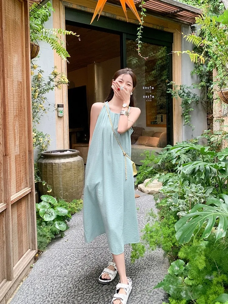 Zeng Xiaoxian Summer Letter Blue Sleeveless Dress Women's Summer New Resort Style Loose Slim Tank Top